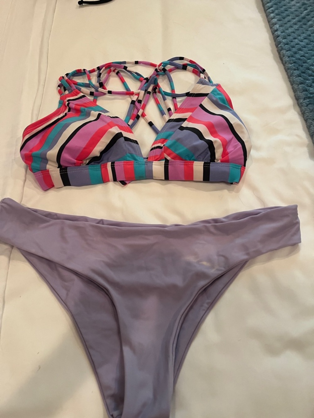 Striped Multi-Color Strappy Bikini Top with Lilac Bikini Bottom